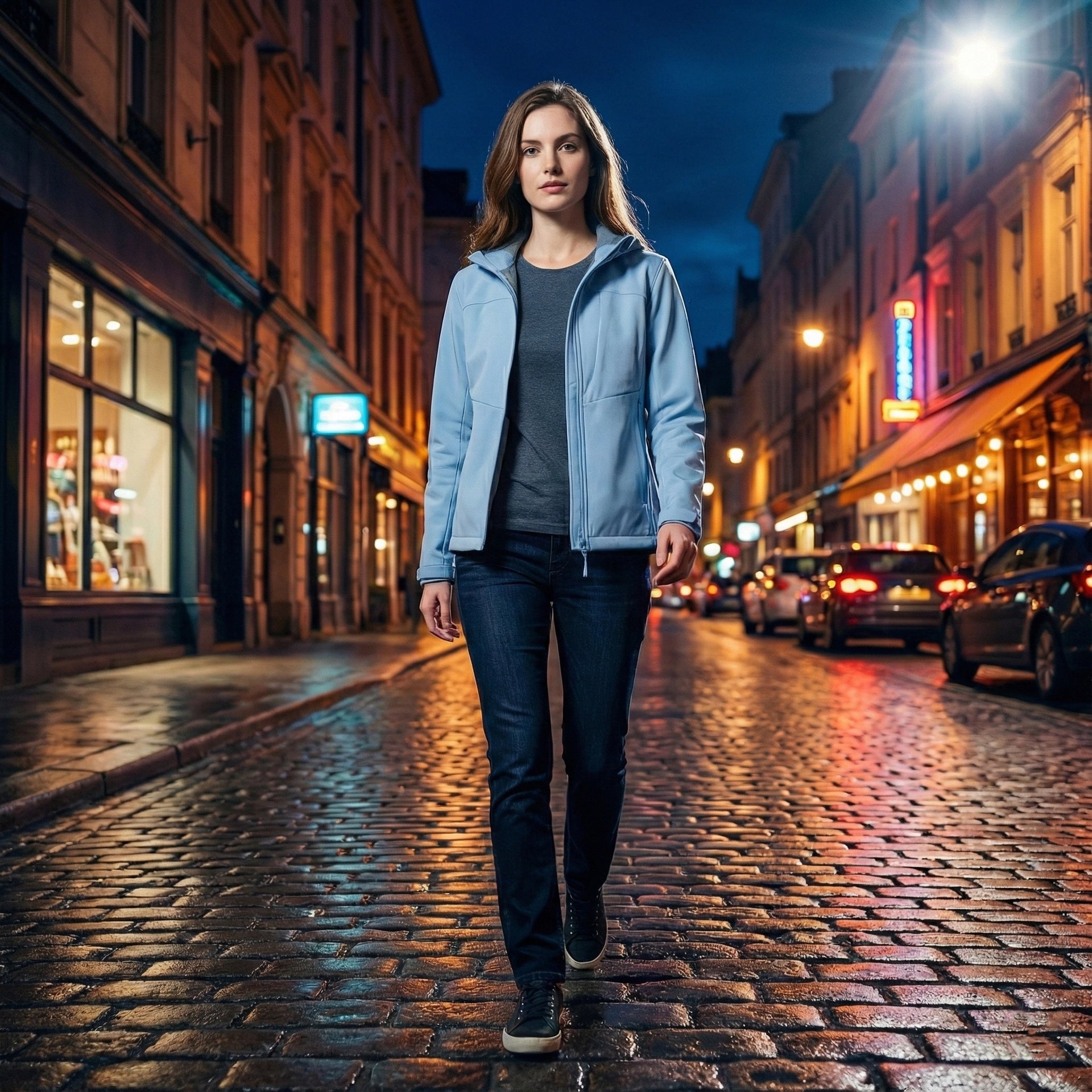 Woman walking on a cobblestone street at night in an urban setting