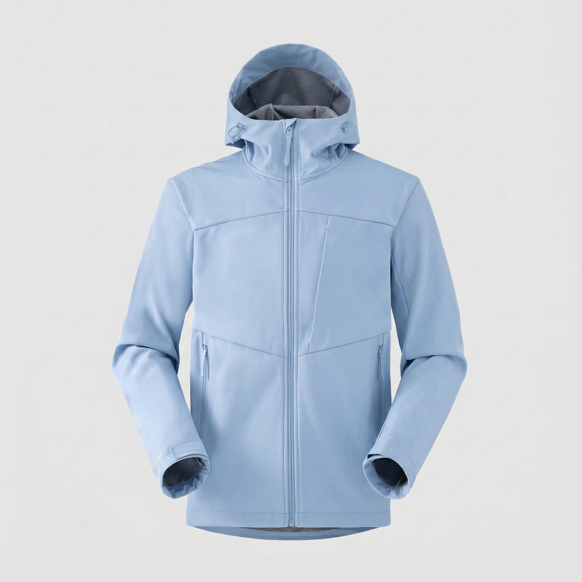 Light blue jacket with a hood on a light gray background