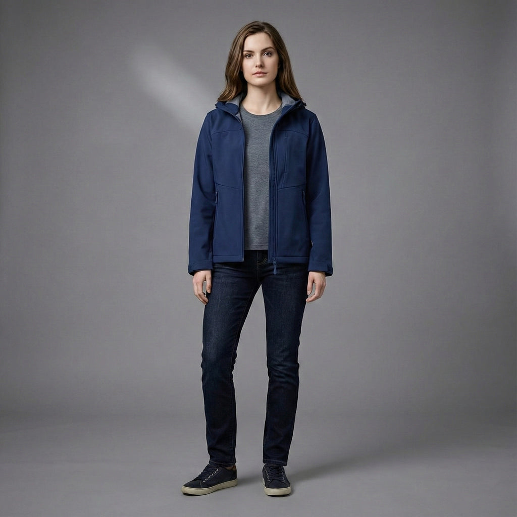 Person wearing a blue jacket and dark jeans on a gray background