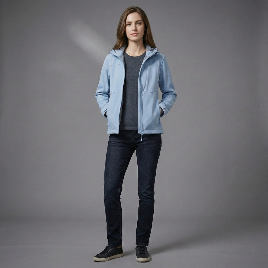 Person wearing a light blue jacket over a dark shirt with dark jeans on a gray background