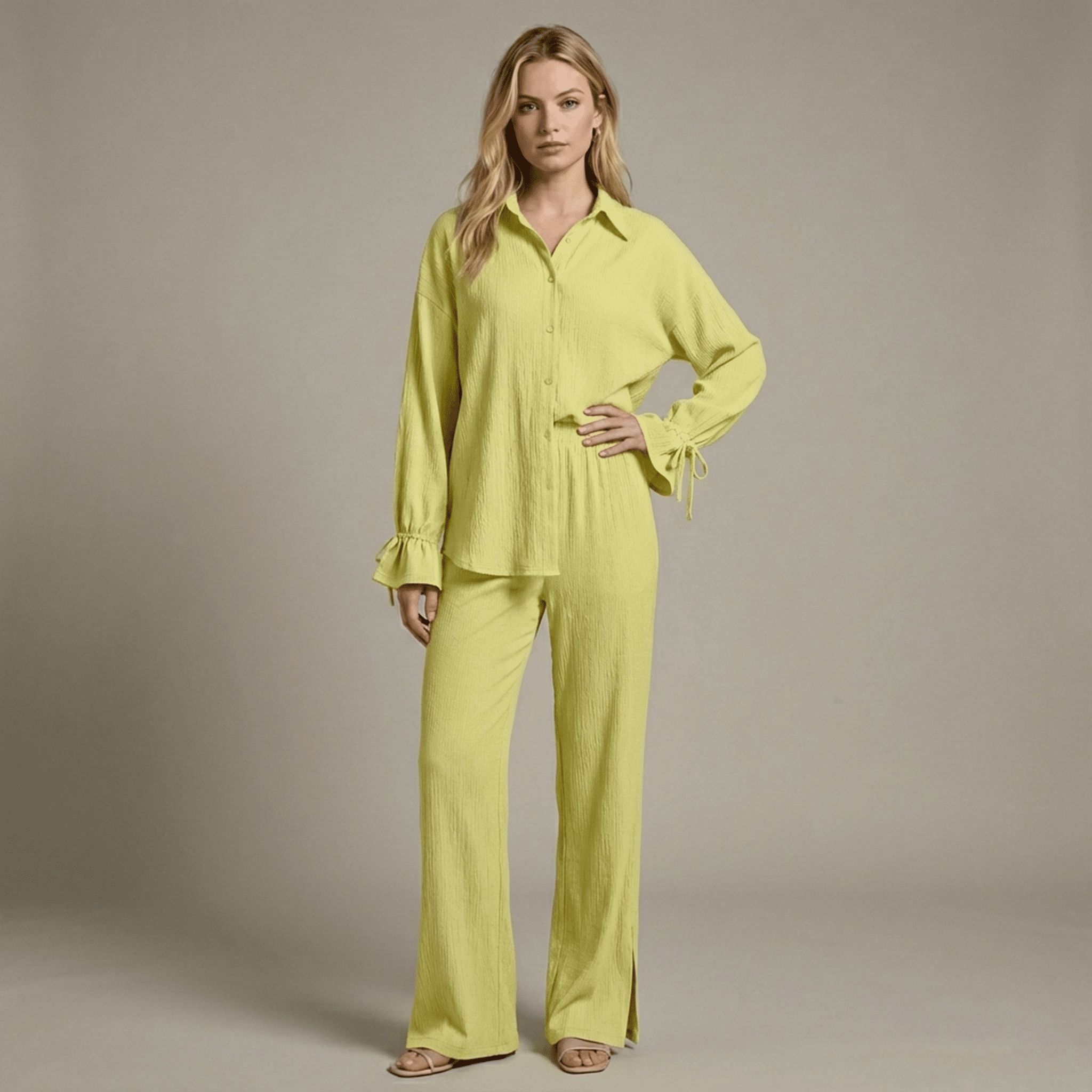 Woman wearing a bright yellow outfit against a neutral background