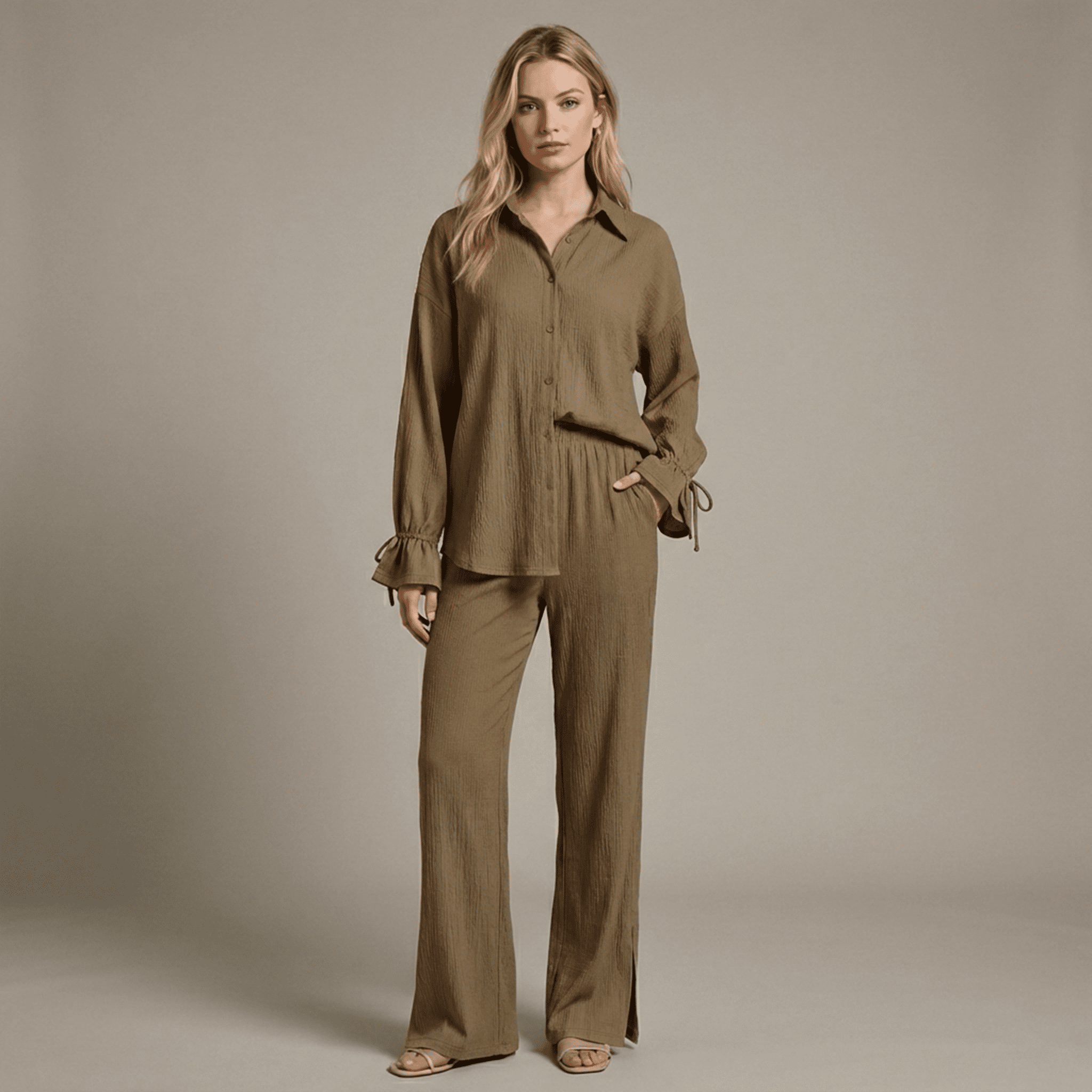 Woman wearing a brown outfit against a plain background