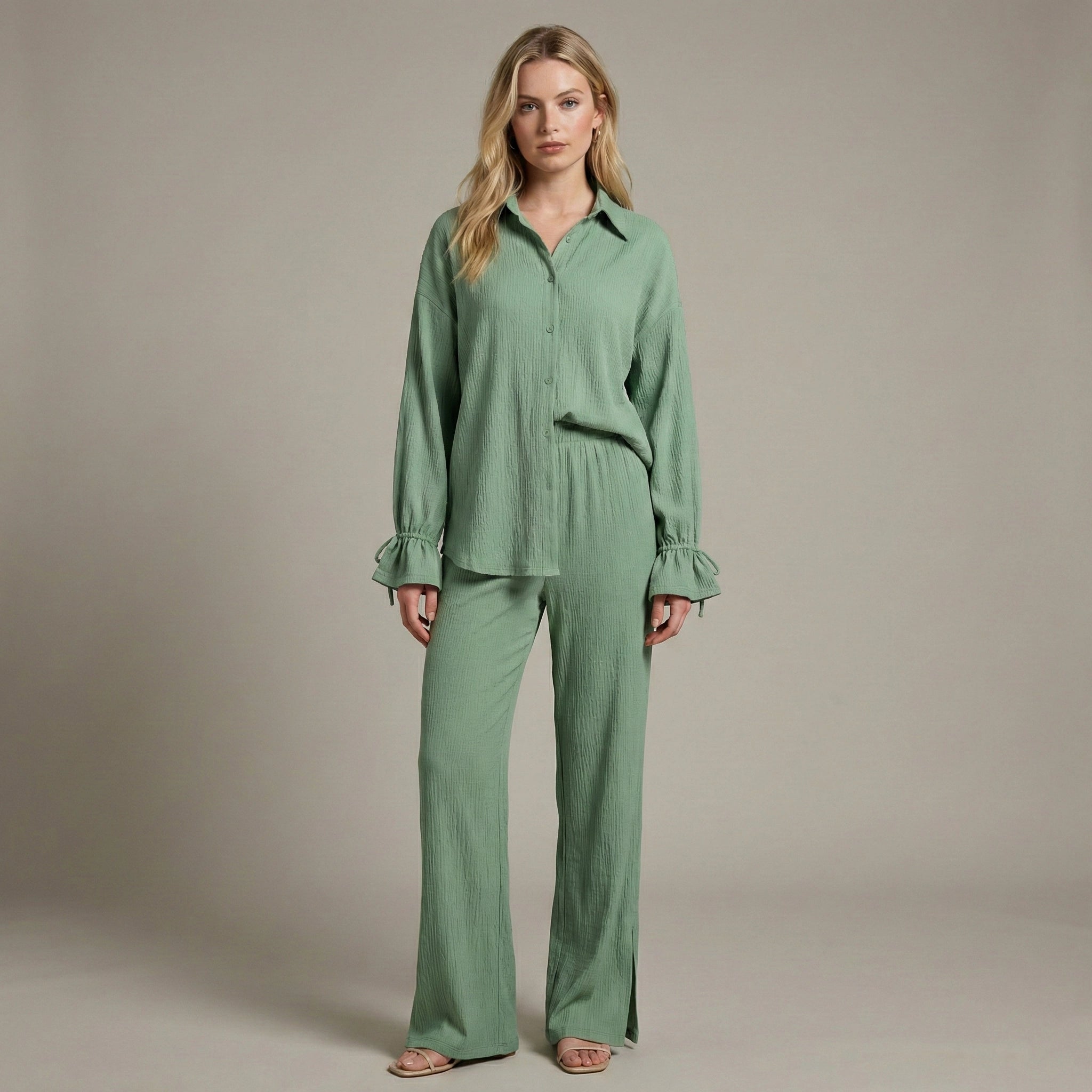 Woman wearing a green outfit against a neutral background