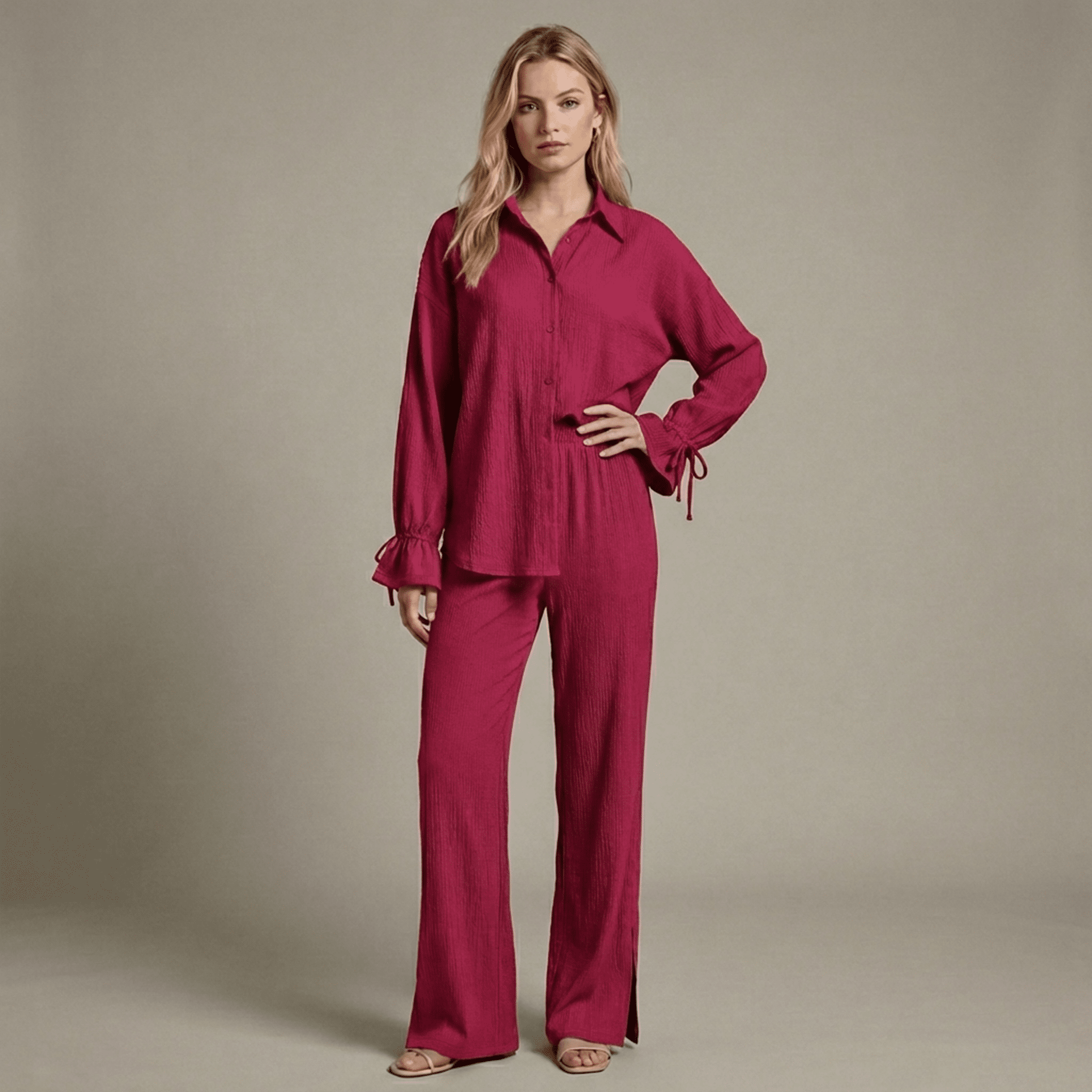 Woman wearing a magenta outfit against a neutral background