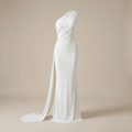 White one-shoulder gown on a beige background