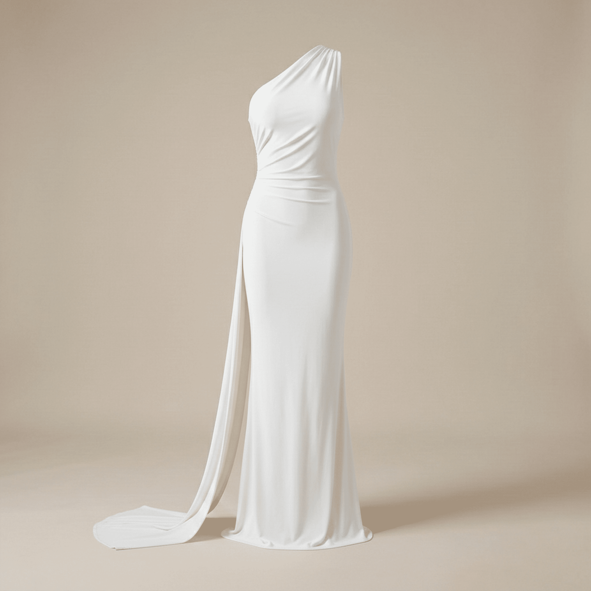 White one-shoulder gown on a beige background