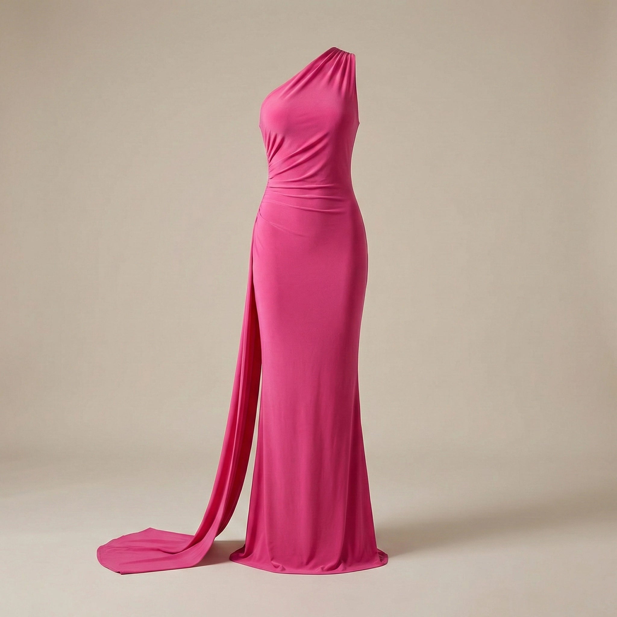 Pink one-shoulder gown on a beige background