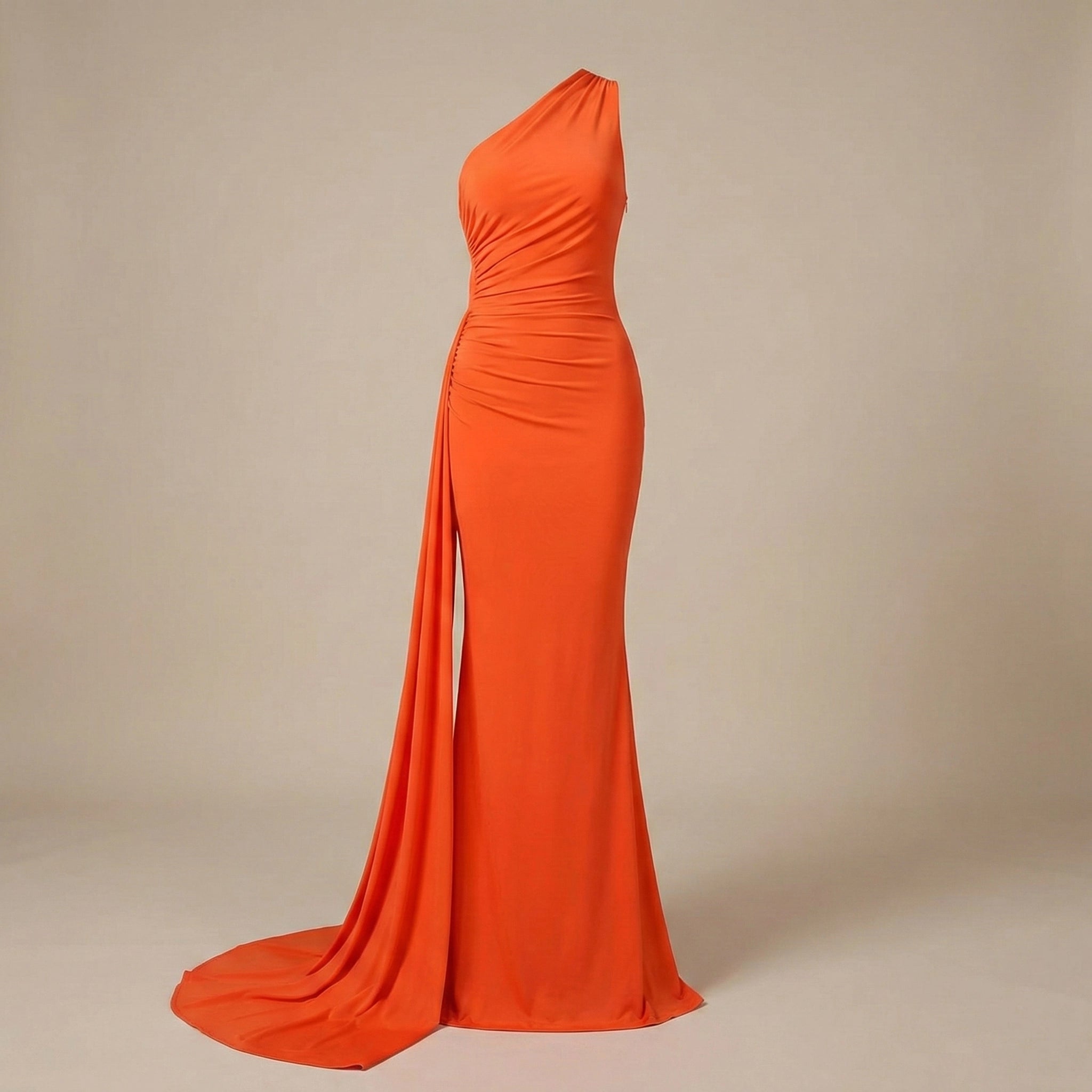 Orange evening gown on a beige background