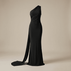 Black one-shoulder gown on a beige background