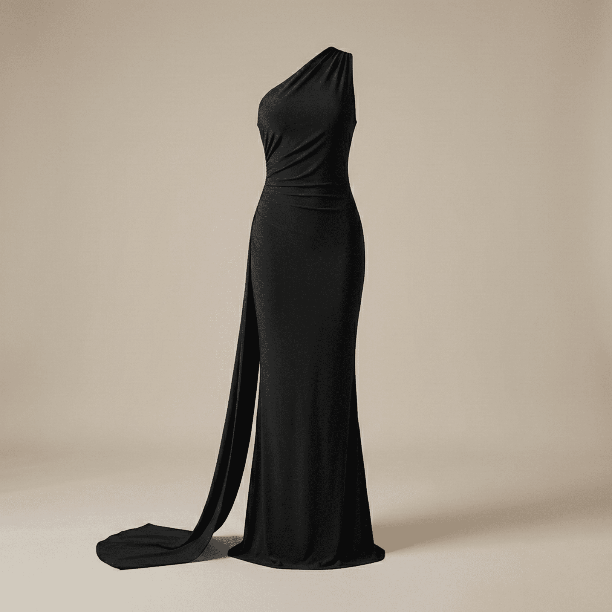 Black one-shoulder gown on a beige background