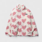 Pink heart-patterned jacket on a light gray background