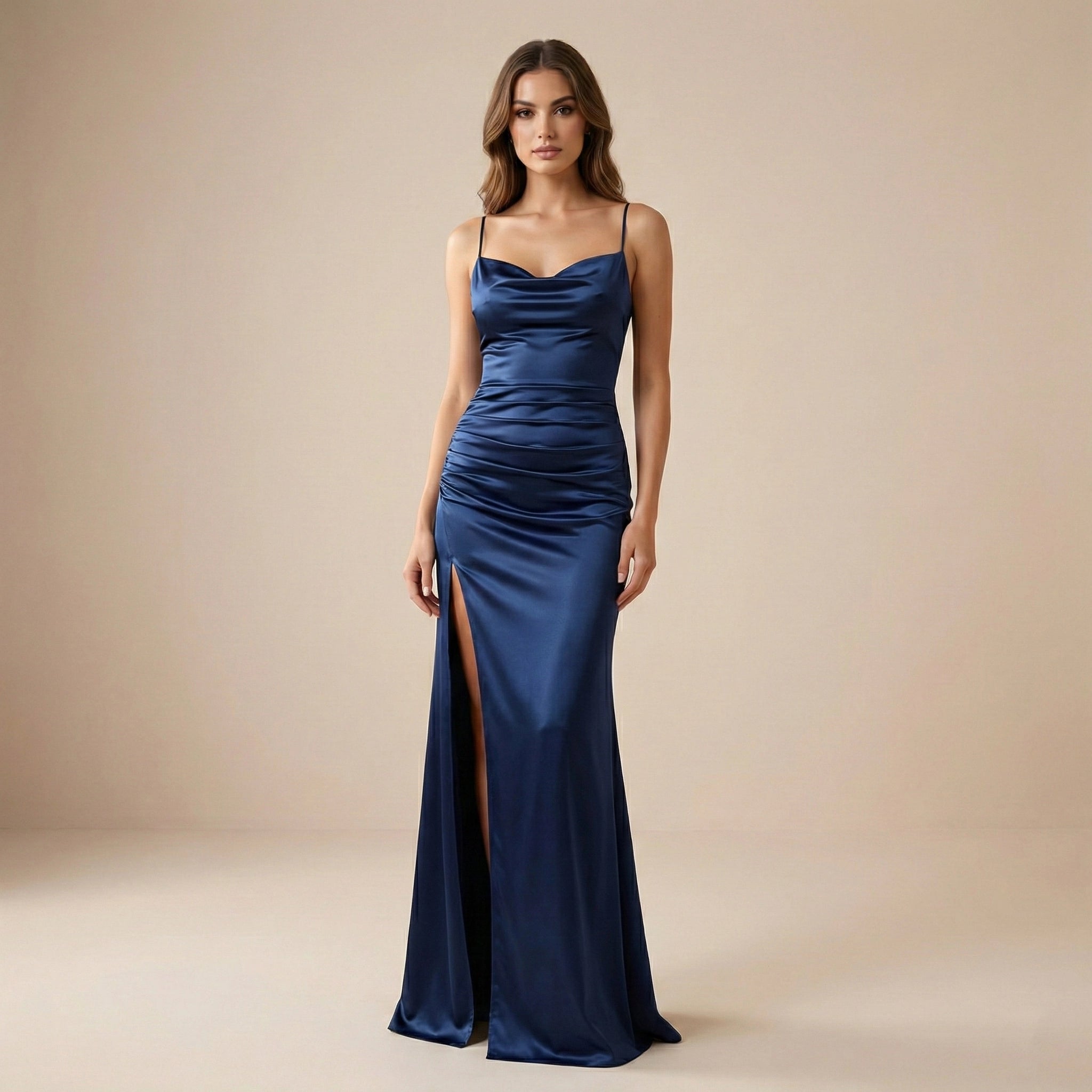 Woman wearing a blue satin evening gown with a slit on a beige background