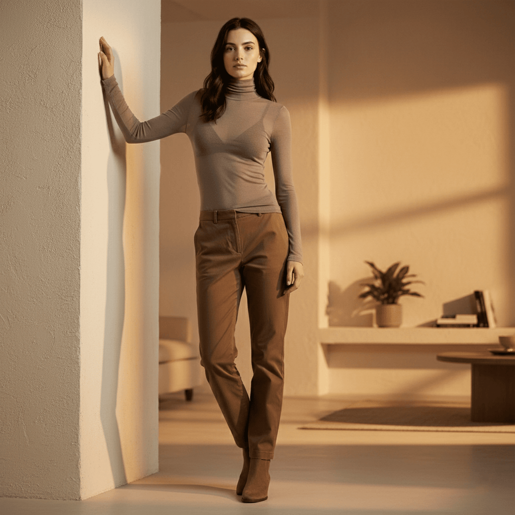 Woman in a beige turtleneck and brown pants standing in a softly lit room.
