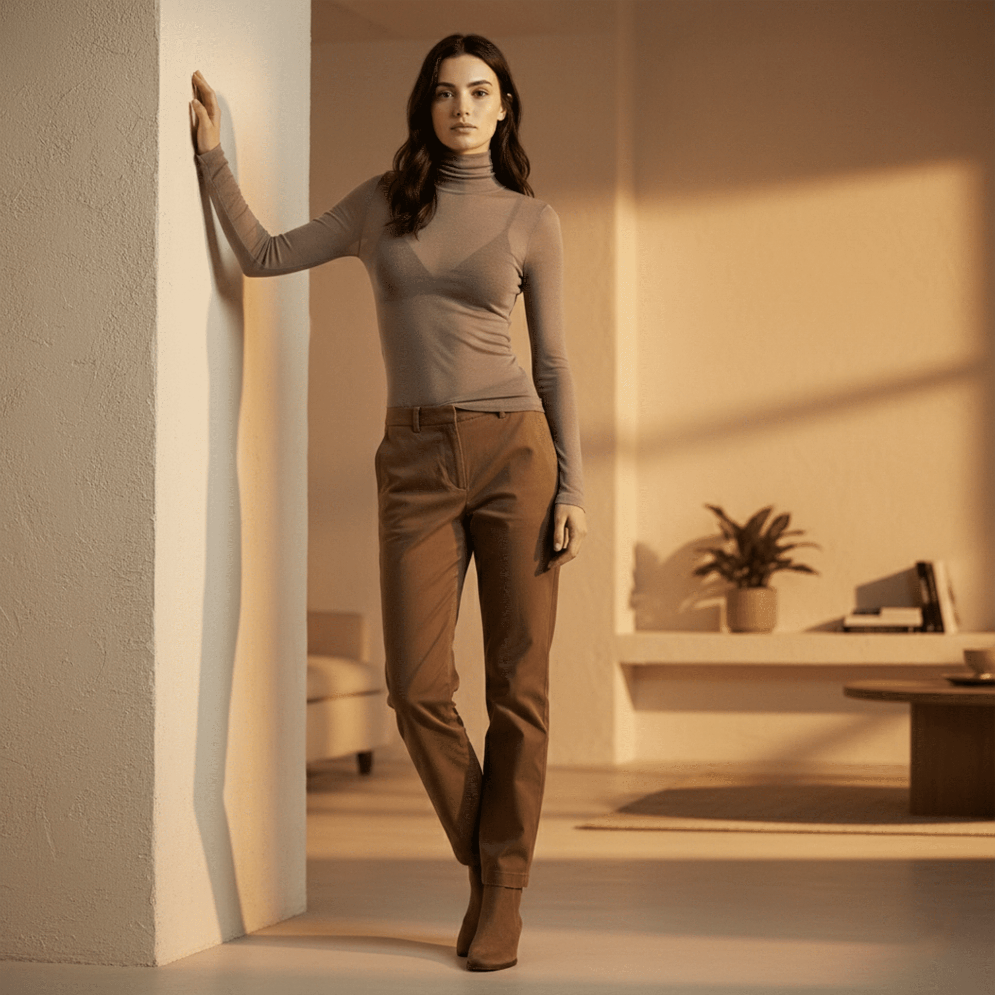 Woman in a beige turtleneck and brown pants standing in a softly lit room.