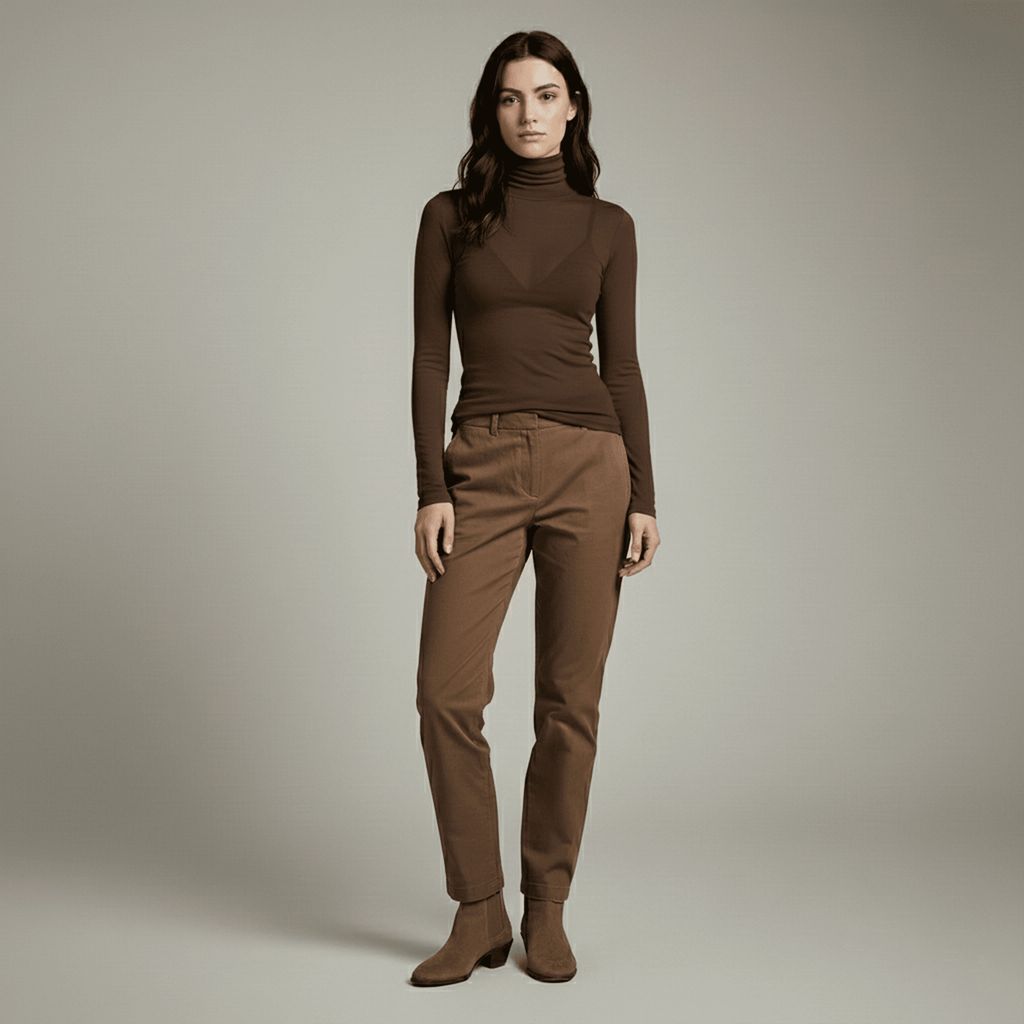 Woman wearing a brown turtleneck and pants against a neutral background
