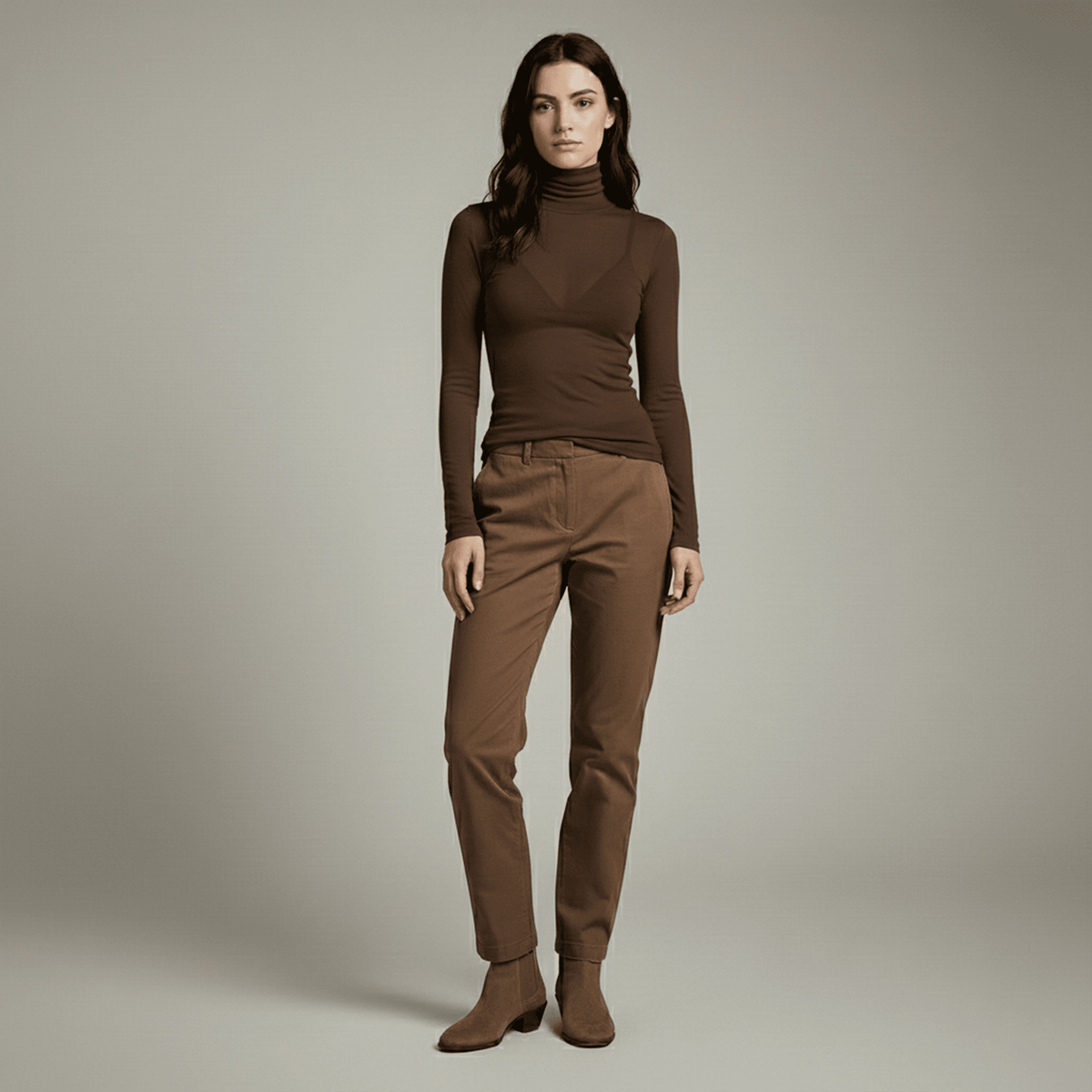 Woman wearing a brown turtleneck and pants against a neutral background