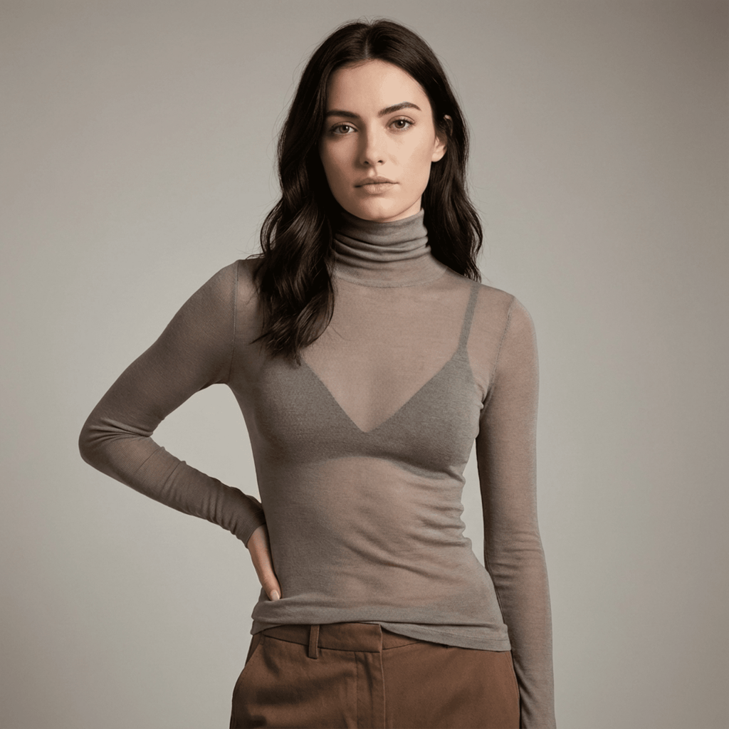 Woman wearing a brown turtleneck over a sheer top against a plain background