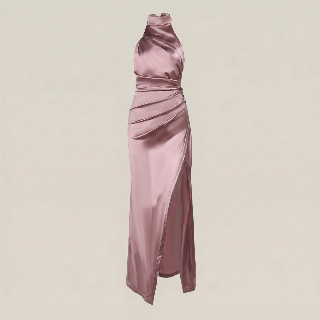 Pink satin halter neck gown on a beige background