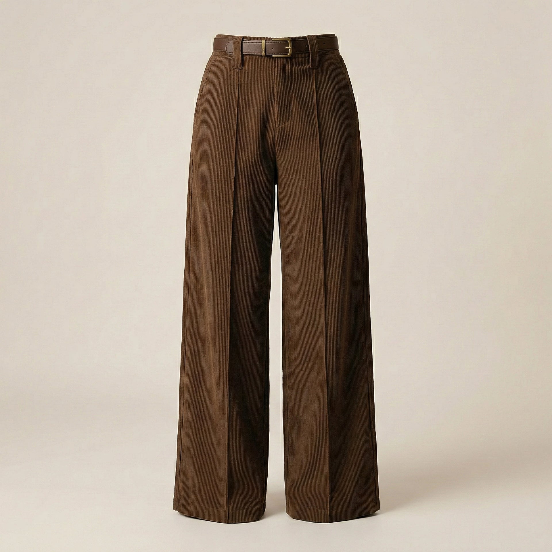 Brown wide-leg pants with a belt on a beige background