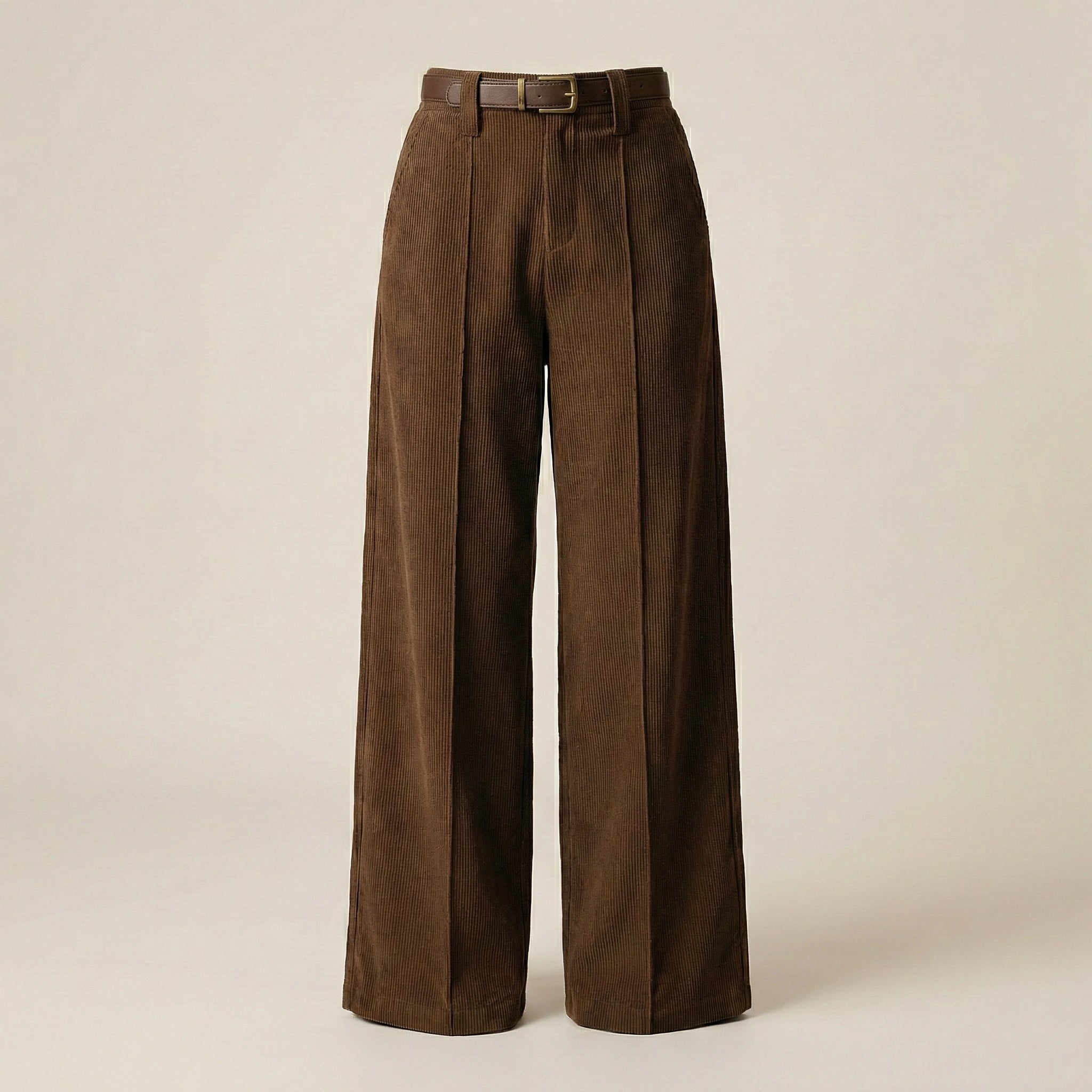 Brown wide-leg pants with a belt on a beige background