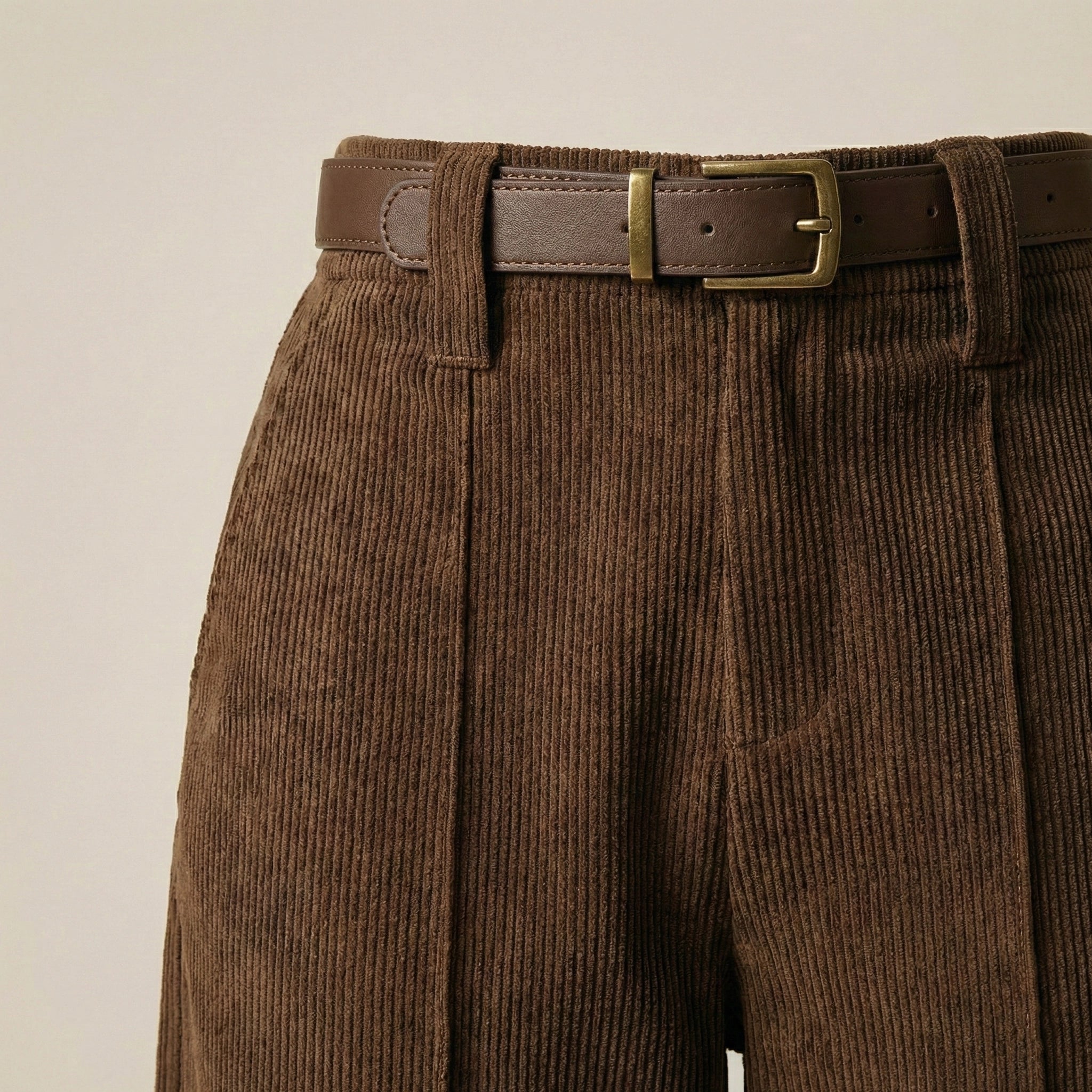 Brown corduroy pants with a belt on a beige background