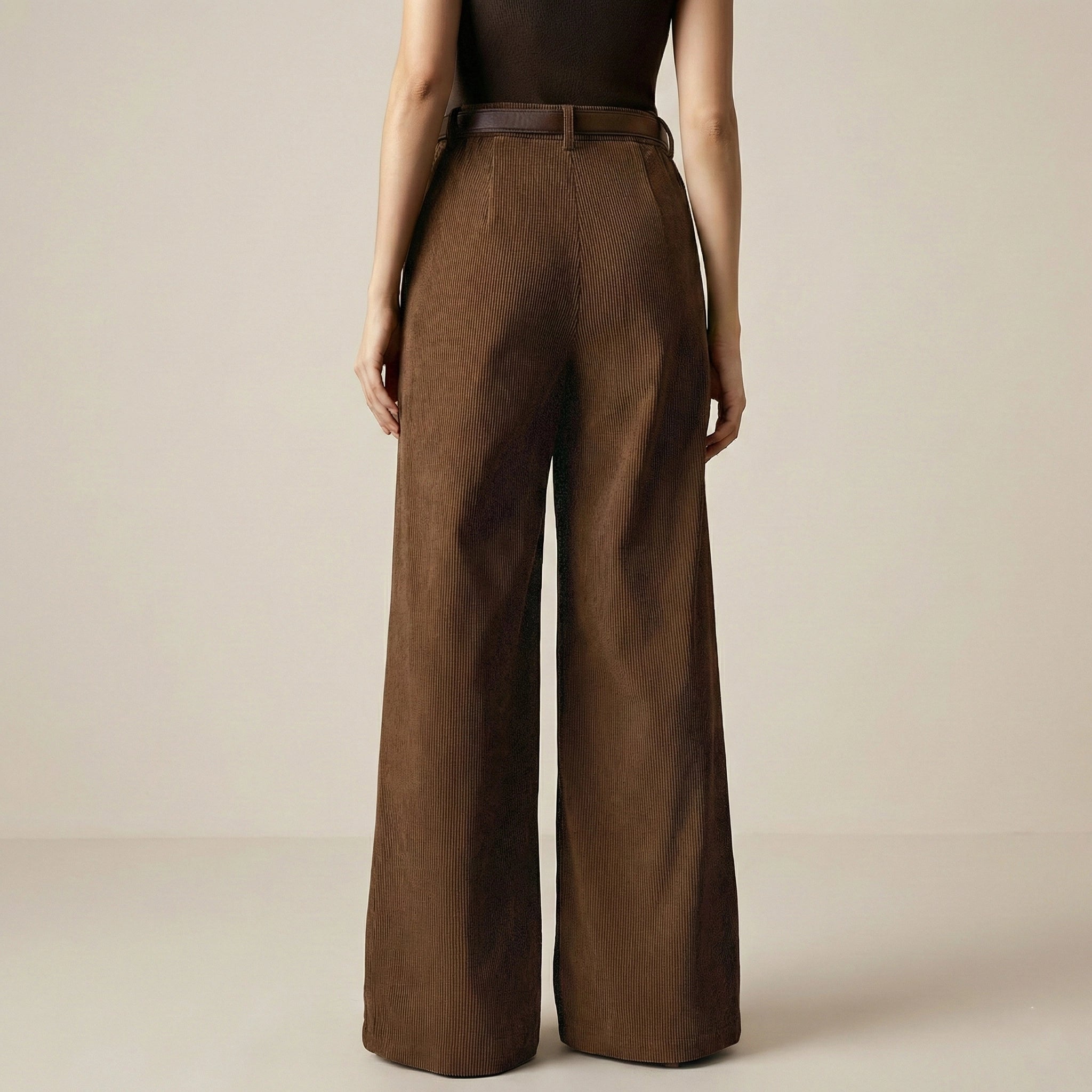 Brown wide-leg pants worn by a person on a beige background