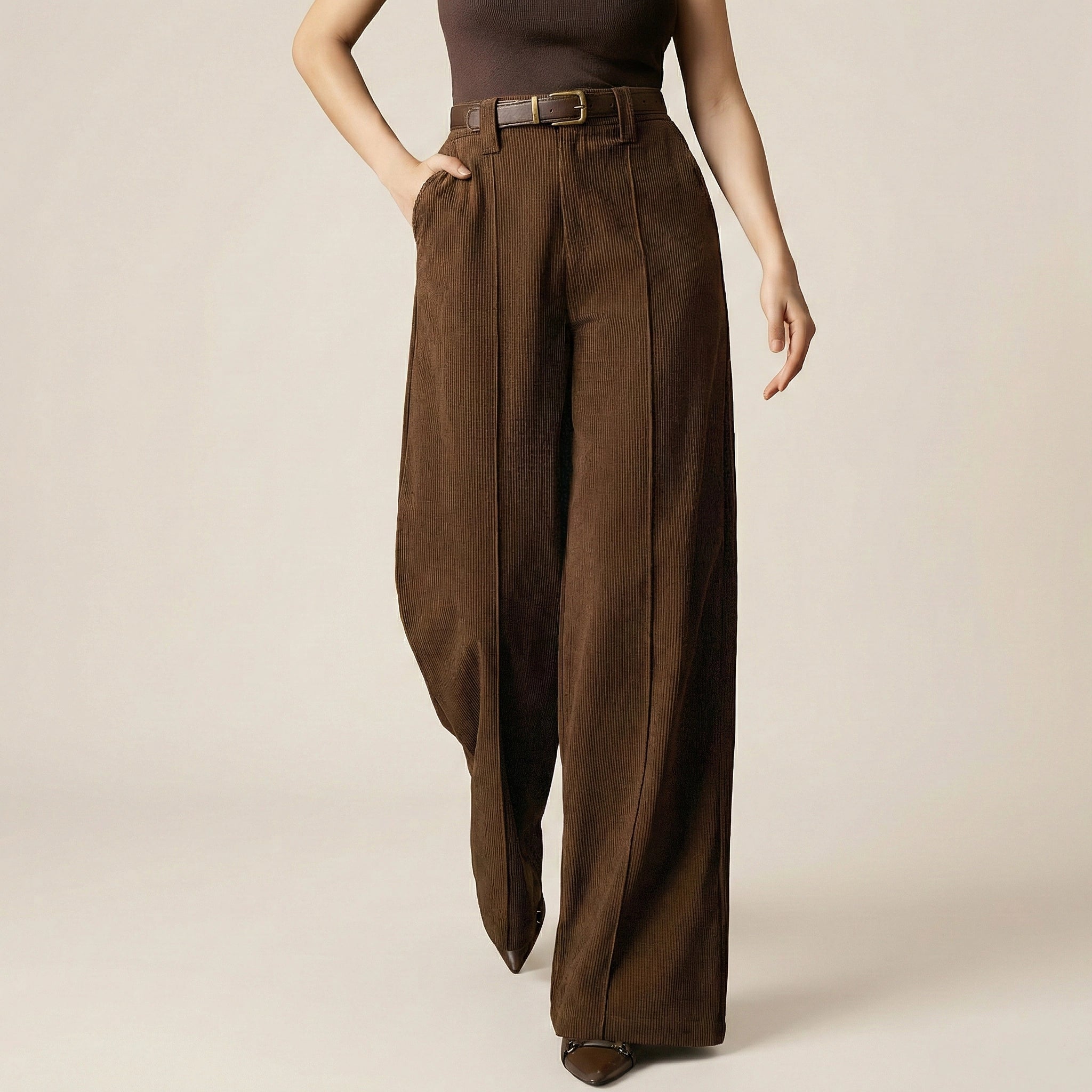 Brown wide-leg pants worn by a person on a beige background