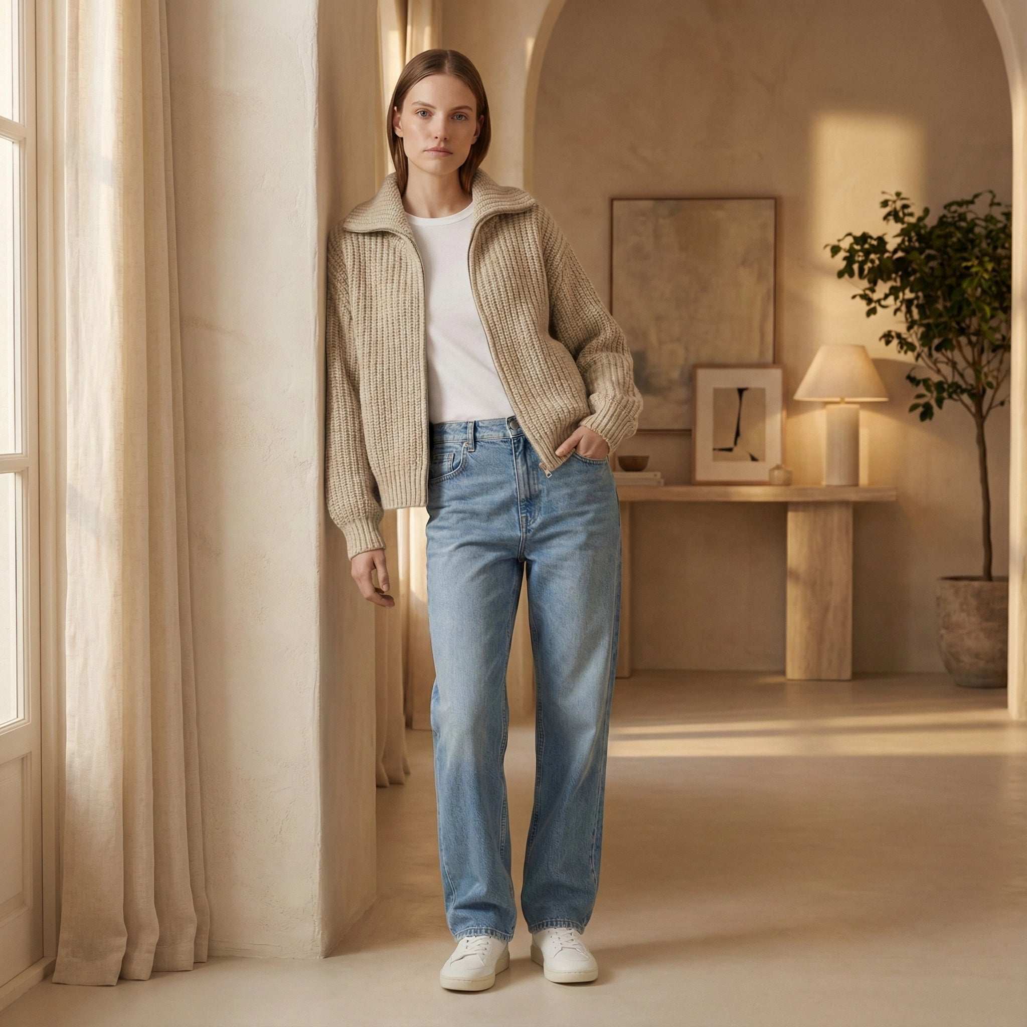 Woman wearing a beige cardigan, white shirt, blue jeans, and white sneakers in a warm-toned room.