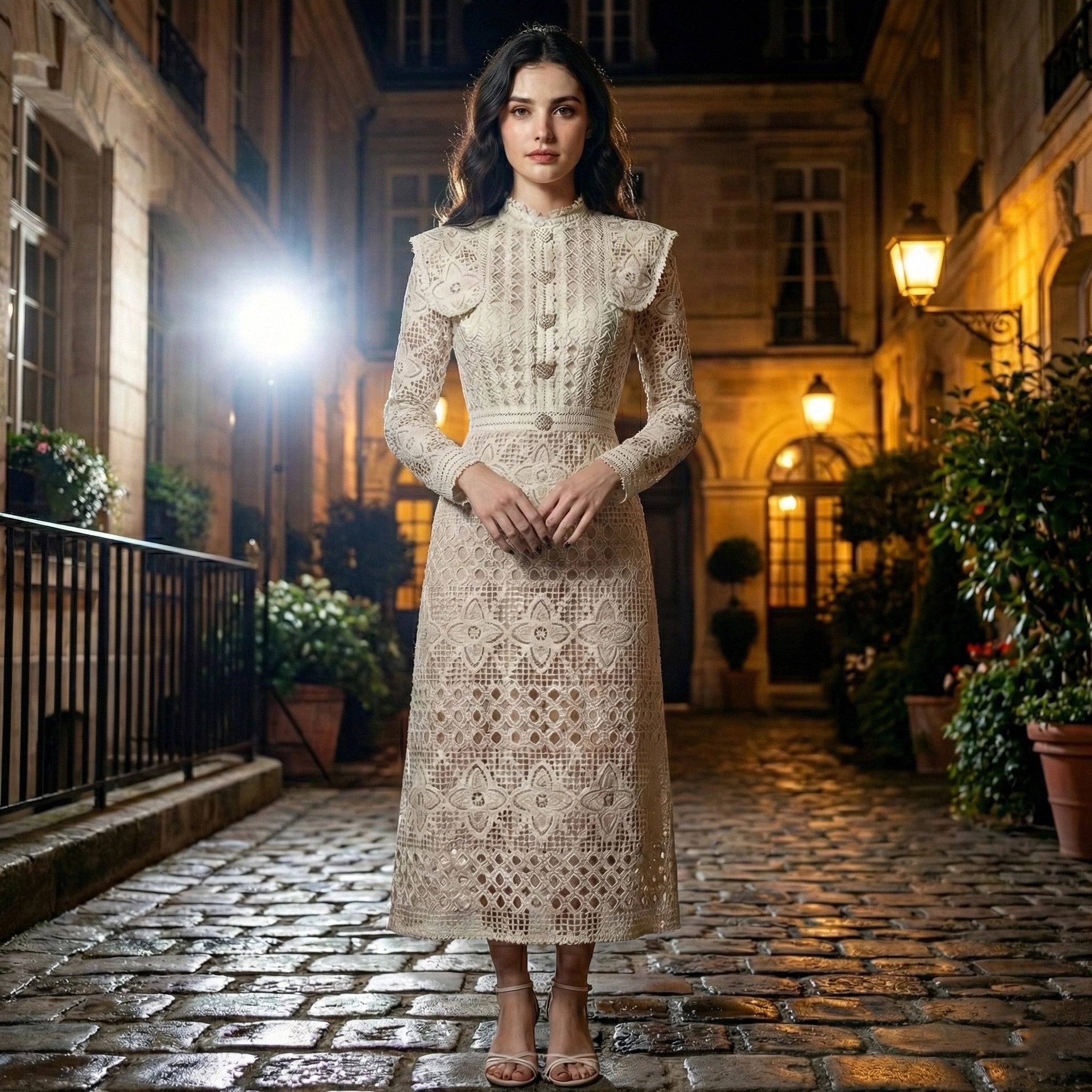 Woman in a lace dress standing in an elegant courtyard at night.