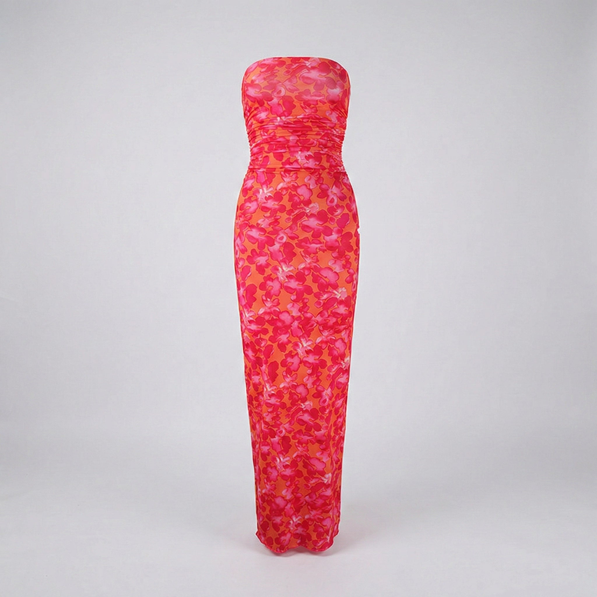 Red floral strapless dress on a light gray background
