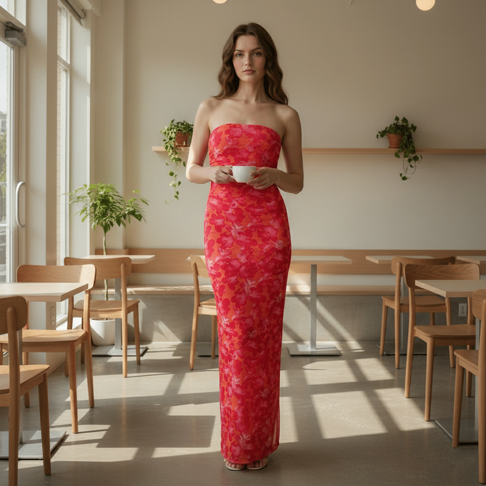 Woman in a strapless red floral dress standing in a sunlit room with wooden furniture.