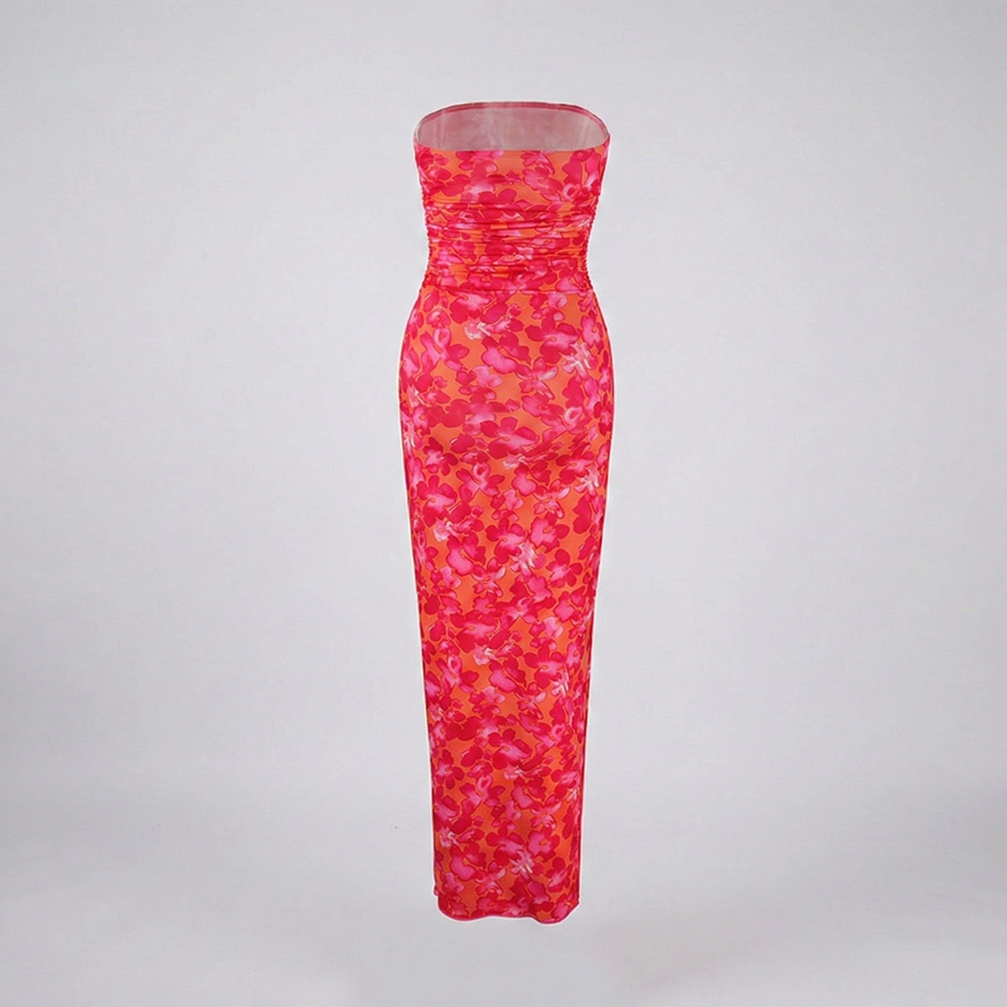 Red floral strapless dress on a light gray background