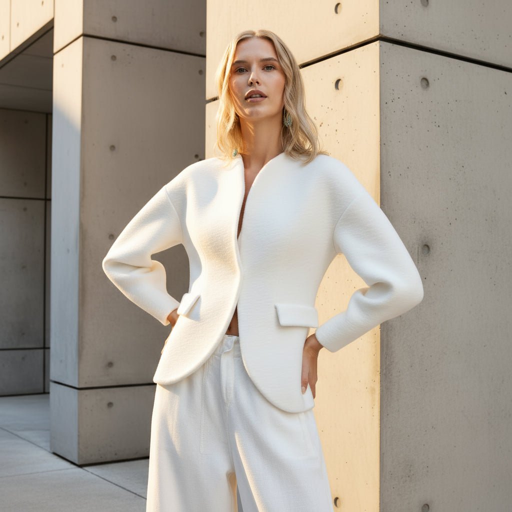 Woman in a white suit standing against a modern architectural background