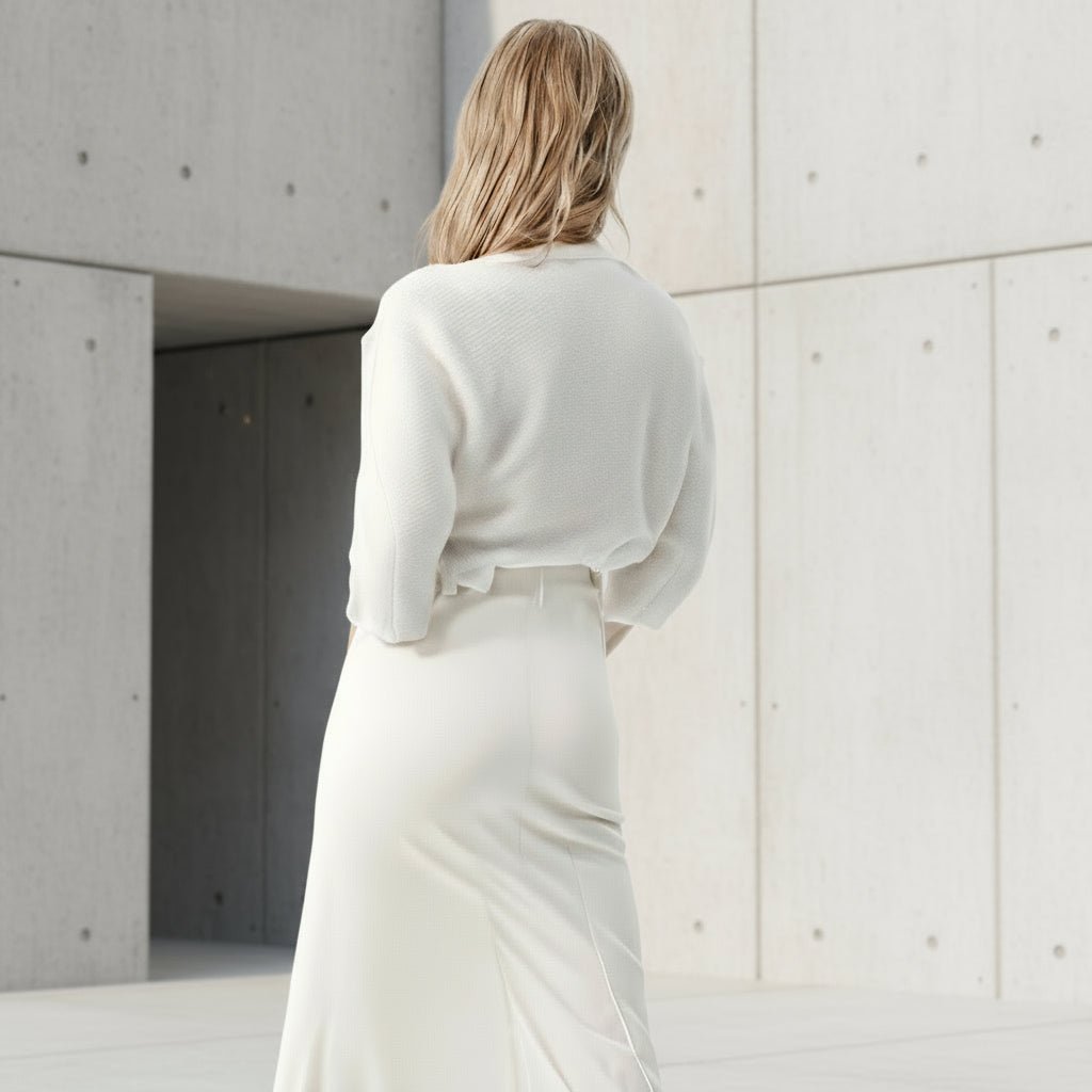 Person wearing a white outfit standing in a minimalistic setting with concrete walls.