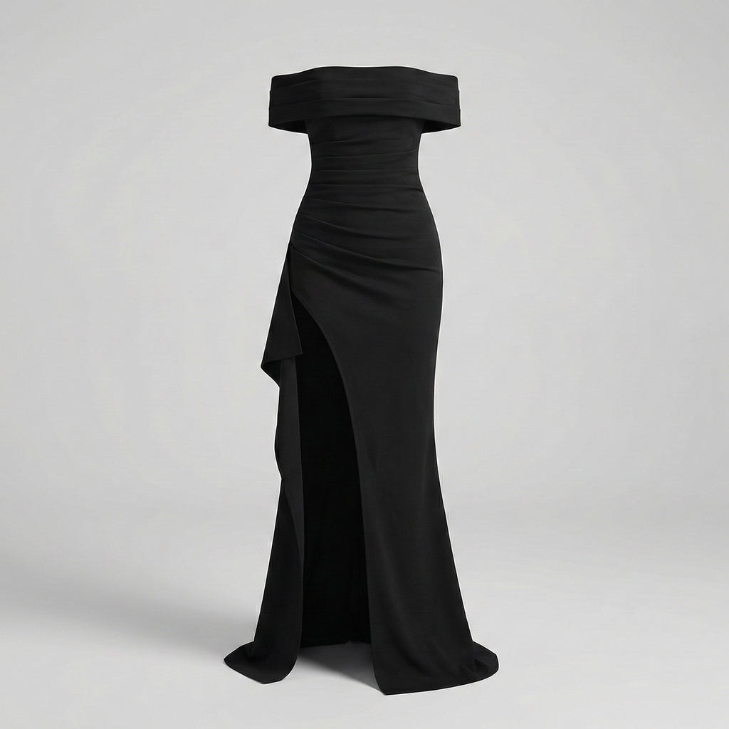 Black off-shoulder evening gown on a light gray background