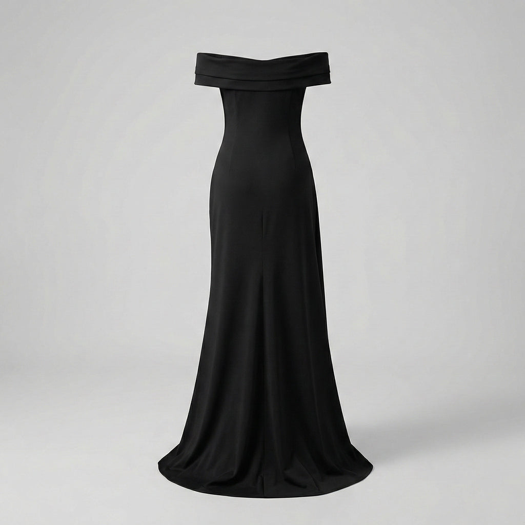 Black off-shoulder evening gown on a light gray background