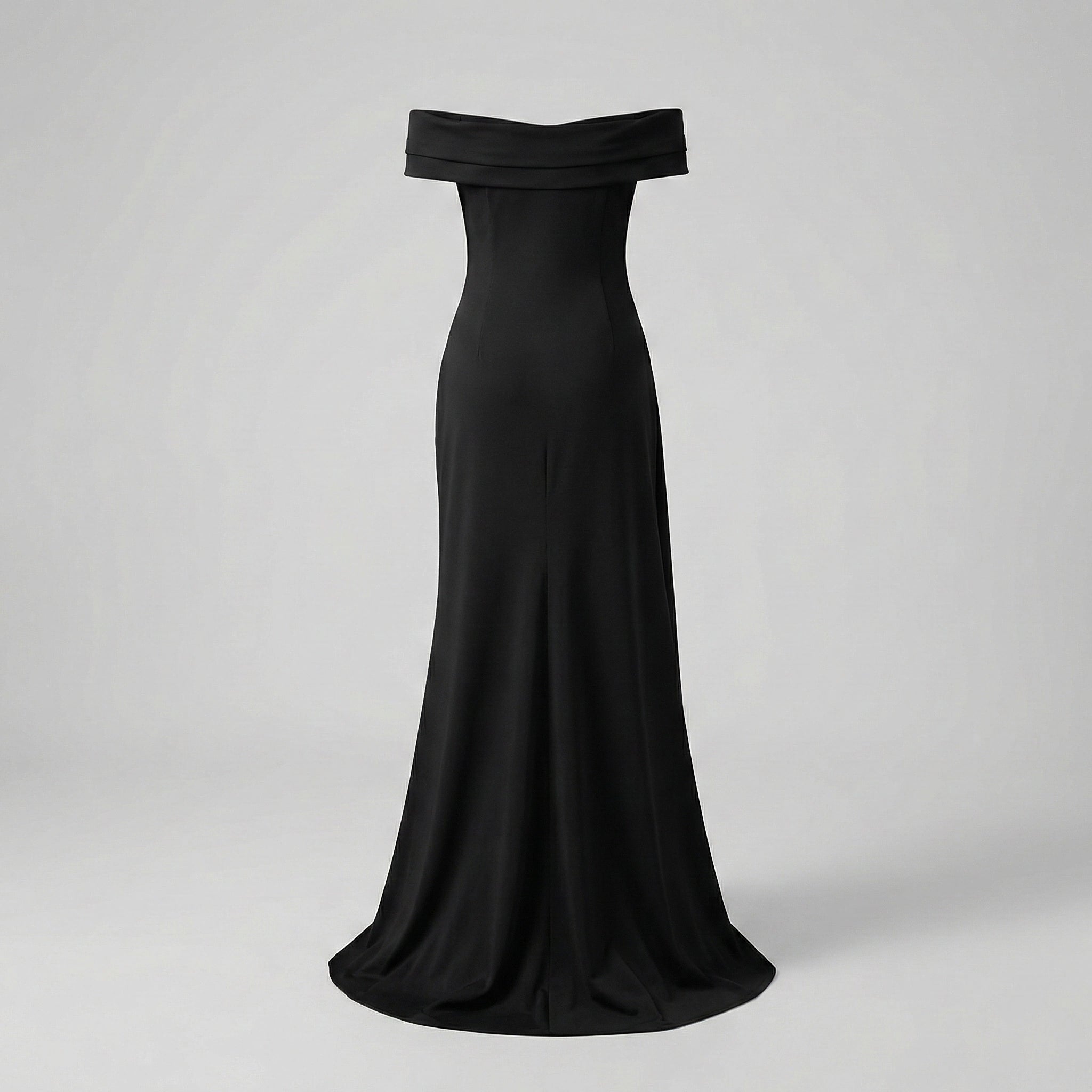 Black off-shoulder evening gown on a light gray background