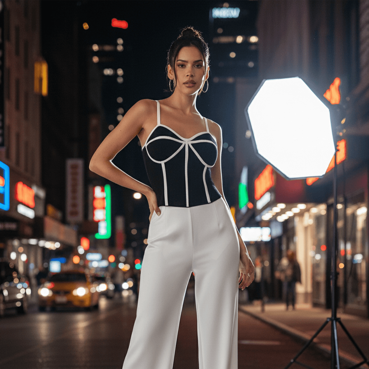 Woman posing on a city street at night with neon lights and a large light modifier.