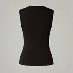 Black sleeveless top on a light gray background