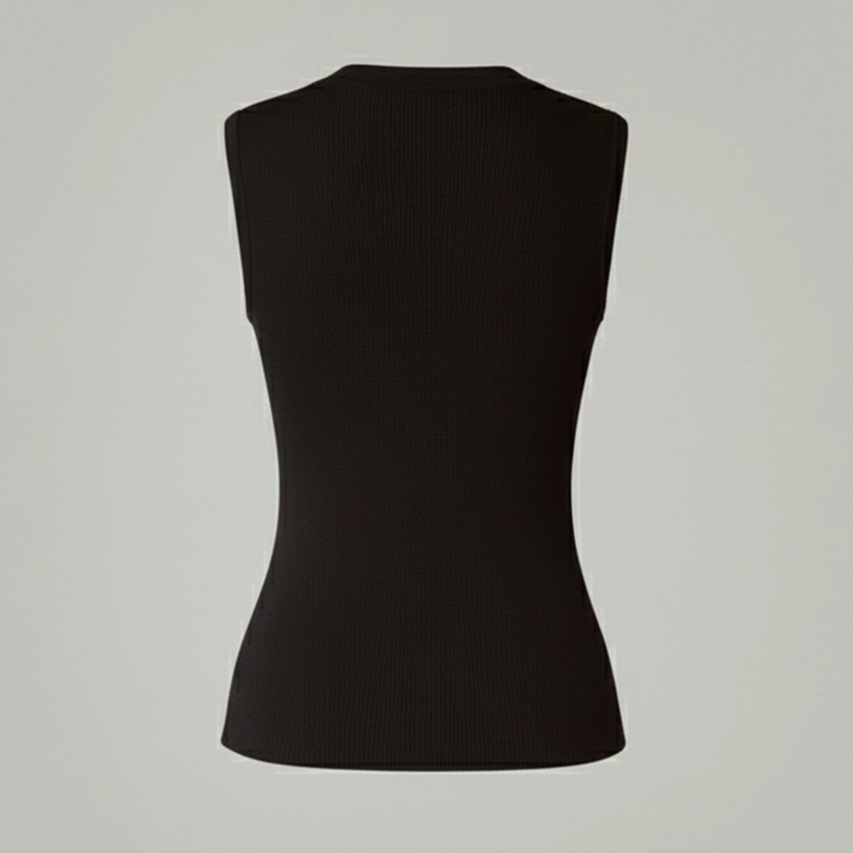 Black sleeveless top on a light gray background