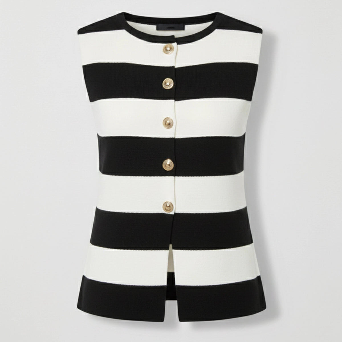 Black and white striped sleeveless top with gold buttons on a light gray background