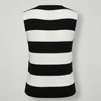 Black and white striped sleeveless top on a light gray background