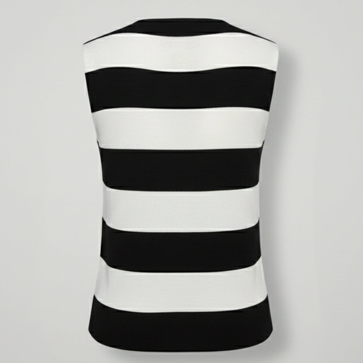 Black and white striped sleeveless top on a light gray background