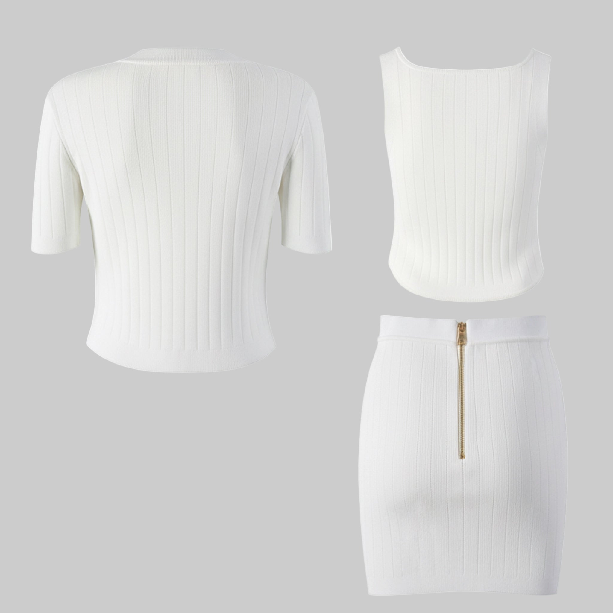 White ribbed crop top and skirt set on a gray background