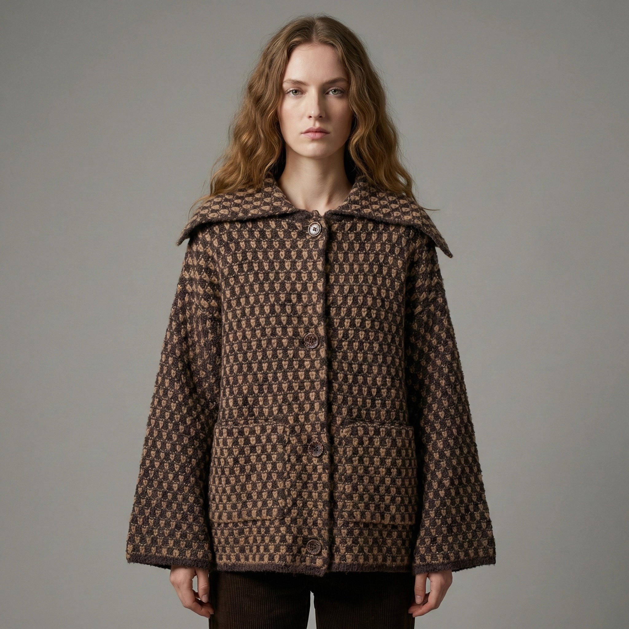 Woman wearing a brown patterned coat against a gray background