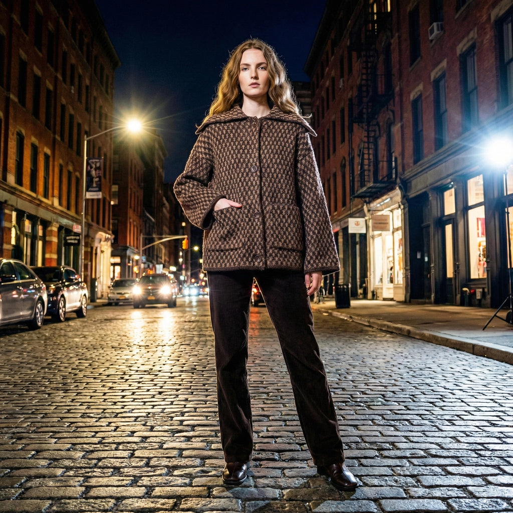 Woman in a patterned coat standing on a city street at night.