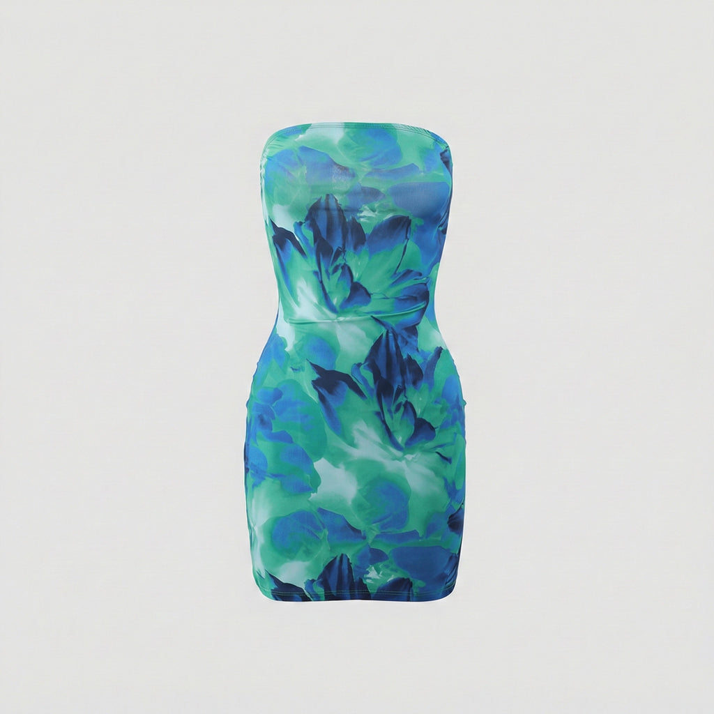 Blue and green floral strapless dress on a light gray background