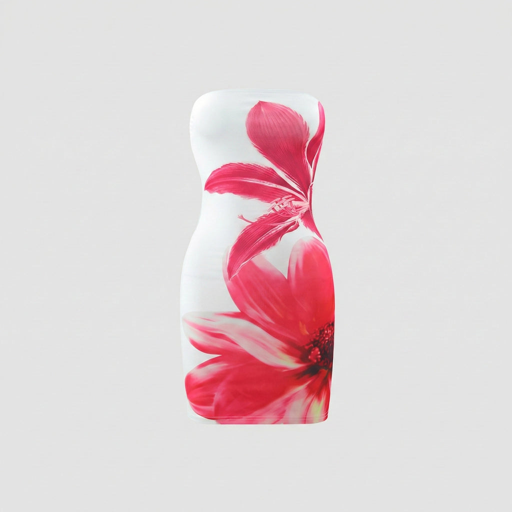 White bottle with pink floral design on a light gray background