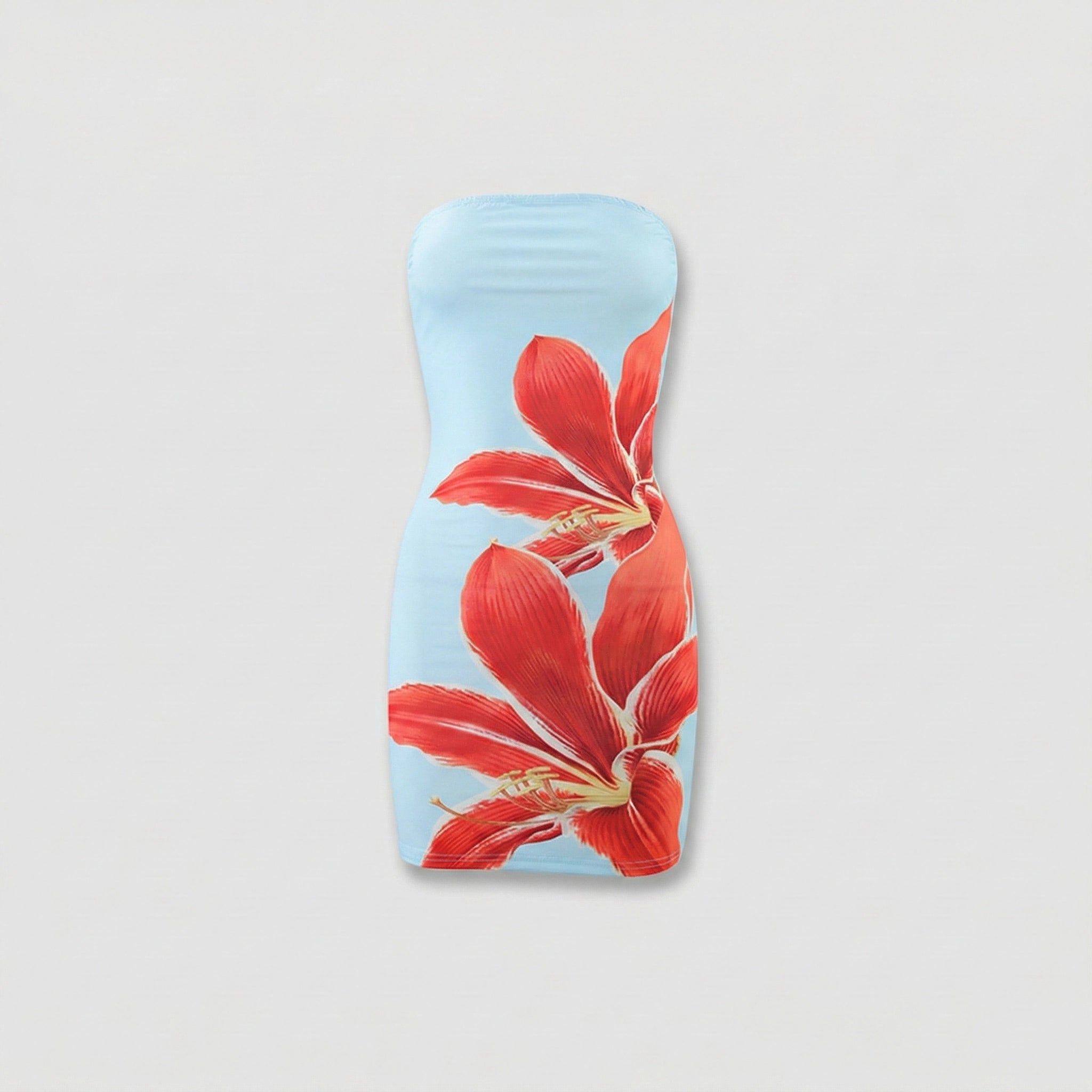 Bottle cover with red floral design on a light blue background