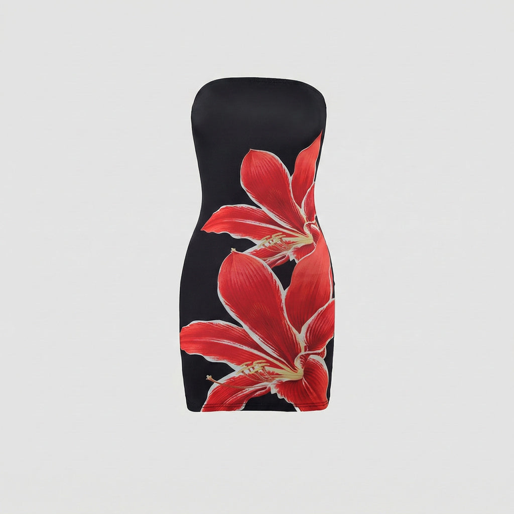 Black strapless dress with red floral design on a light gray background